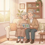 a warm, friendly illustration of a senior couple looking happily at a tablet