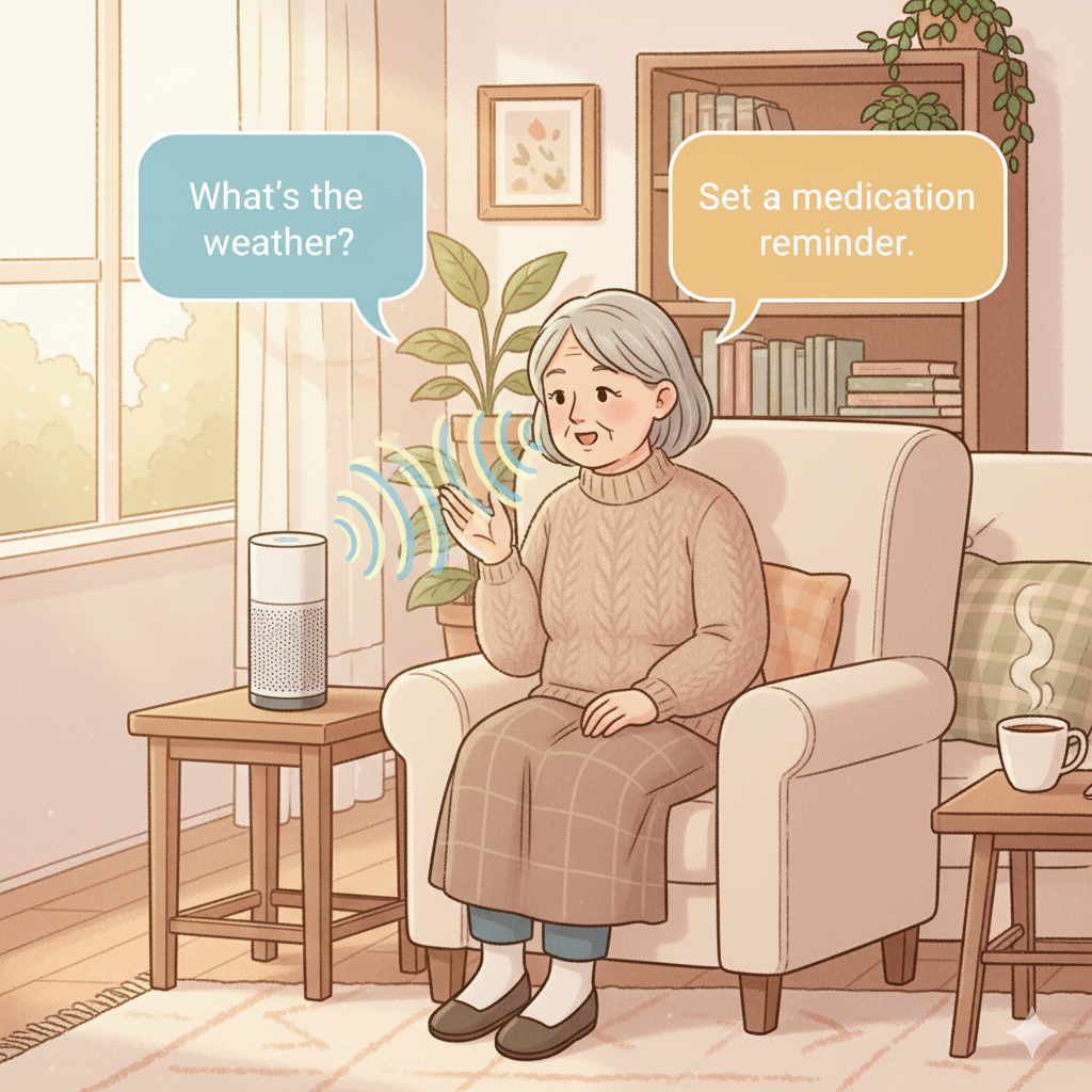 Illustration of a senior speaking to a smart speaker, with voice waves and simple text bubbles showing commands like 'What’s the weather?' and 'Set a medication reminder,' in warm, inviting colors."