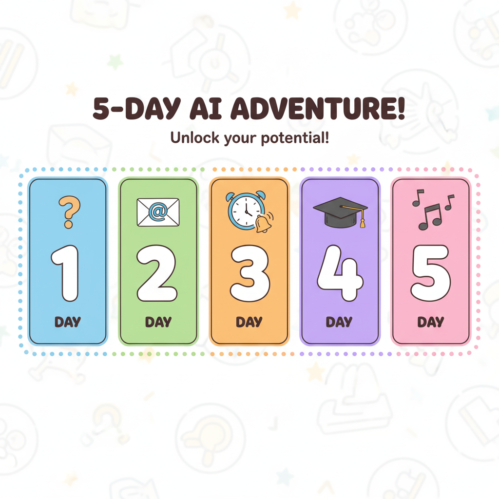 Colorful 5-day challenge calendar with large numbers and playful icons: Day 1 has a question mark, Day 2 an email symbol, Day 3 a clock reminder, Day 4 a graduation cap, and Day 5 music notes, designed like a fun game