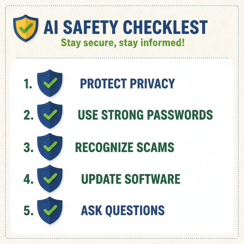 Friendly safety checklist graphic featuring shield icons and green checkmarks, displaying five safety tips in large clear text with a warm, trustworthy color scheme and plenty of white space.