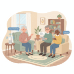 Seniors using different AI devices including smart speakers, tablets and smartphones for voice commands and typing.