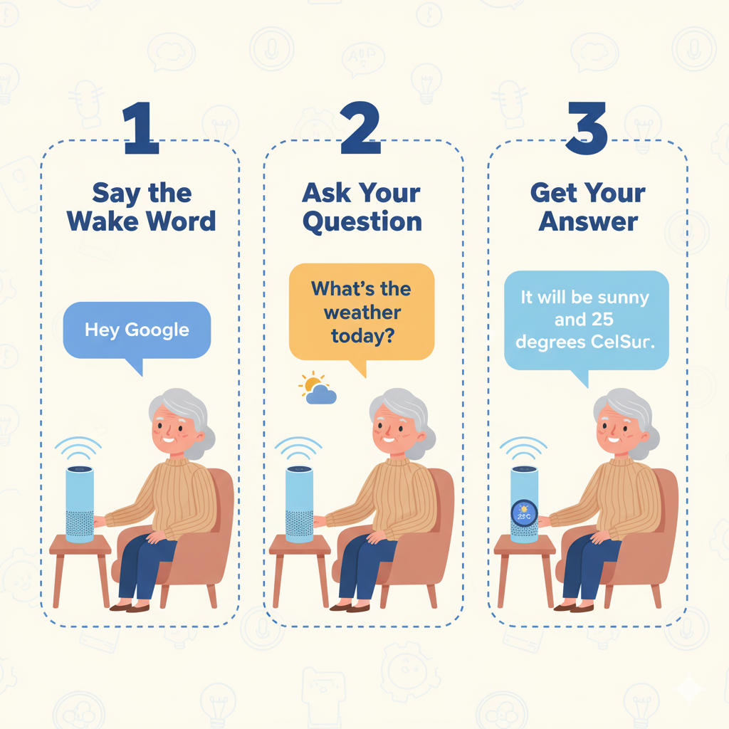 Three step process showing how to use voice assistants with wake words and natural questions