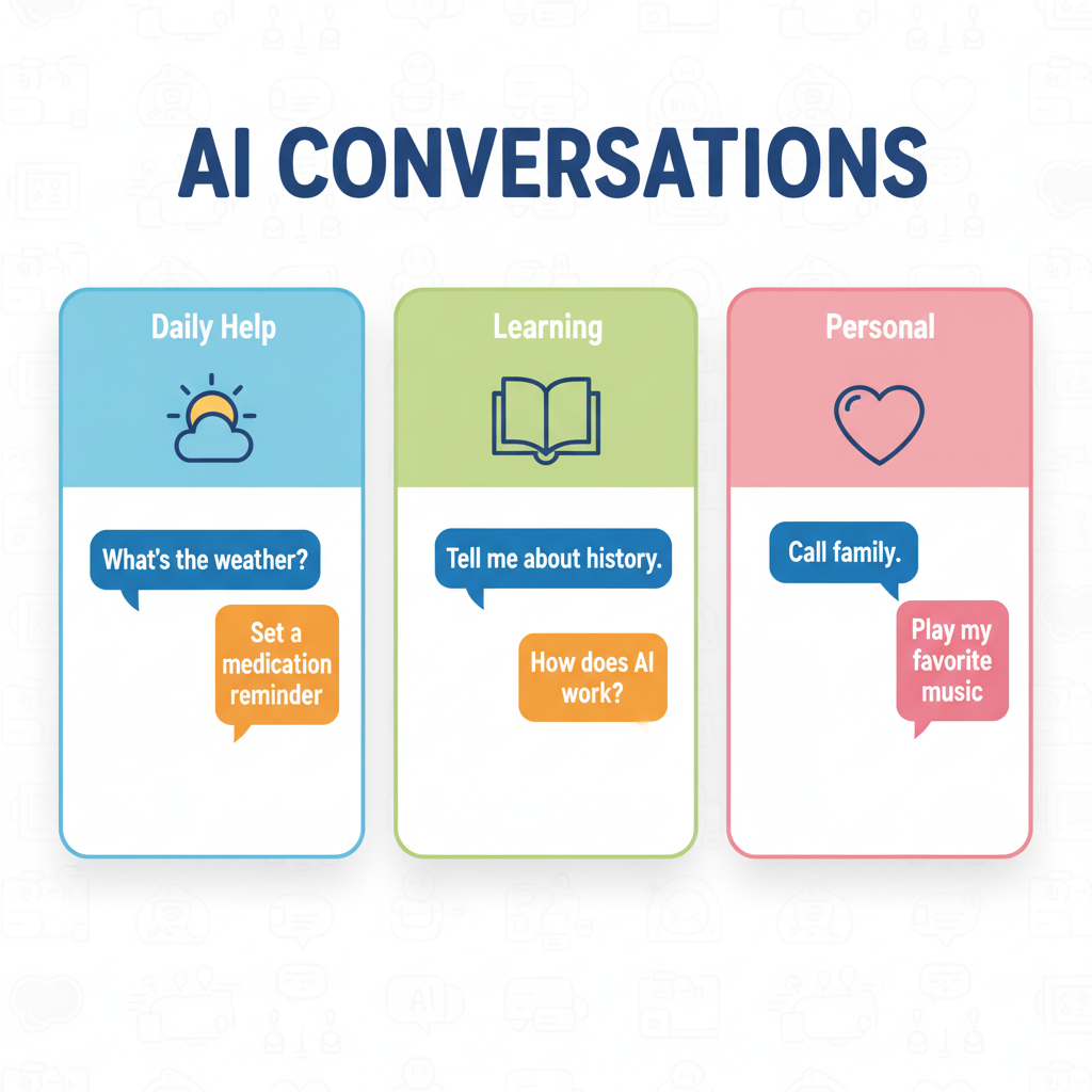 Three categories of AI conversation examples for daily help, learning, and personal tasks