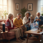 Seniors using different AI devices including smart speakers, tablets and smartphones for voice commands and typing in a comfortable home environment