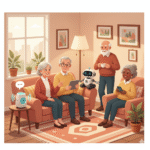 Happy group of seniors using various friendly AI companion devices in a comfortable home setting