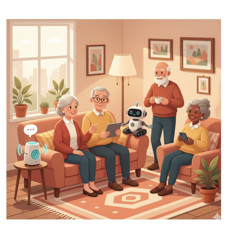 Happy group of seniors using various friendly AI companion devices in a comfortable home setting