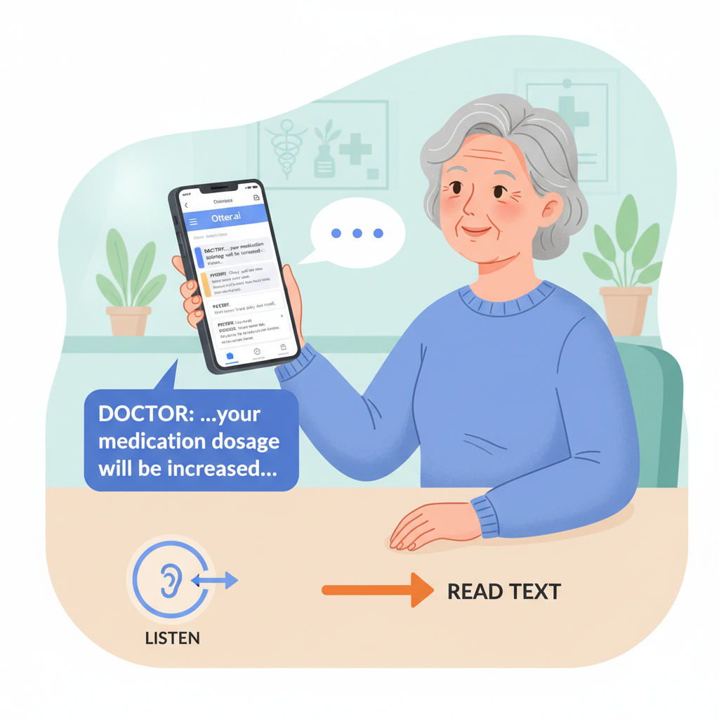 Senior person correctly using Otter.ai app during medical appointment for accurate transcription