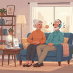 Happy seniors enjoying their ElliQ companion in a comfortable home setting