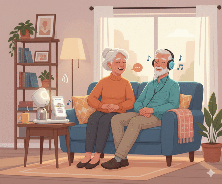 Happy seniors enjoying their ElliQ companion in a comfortable home setting