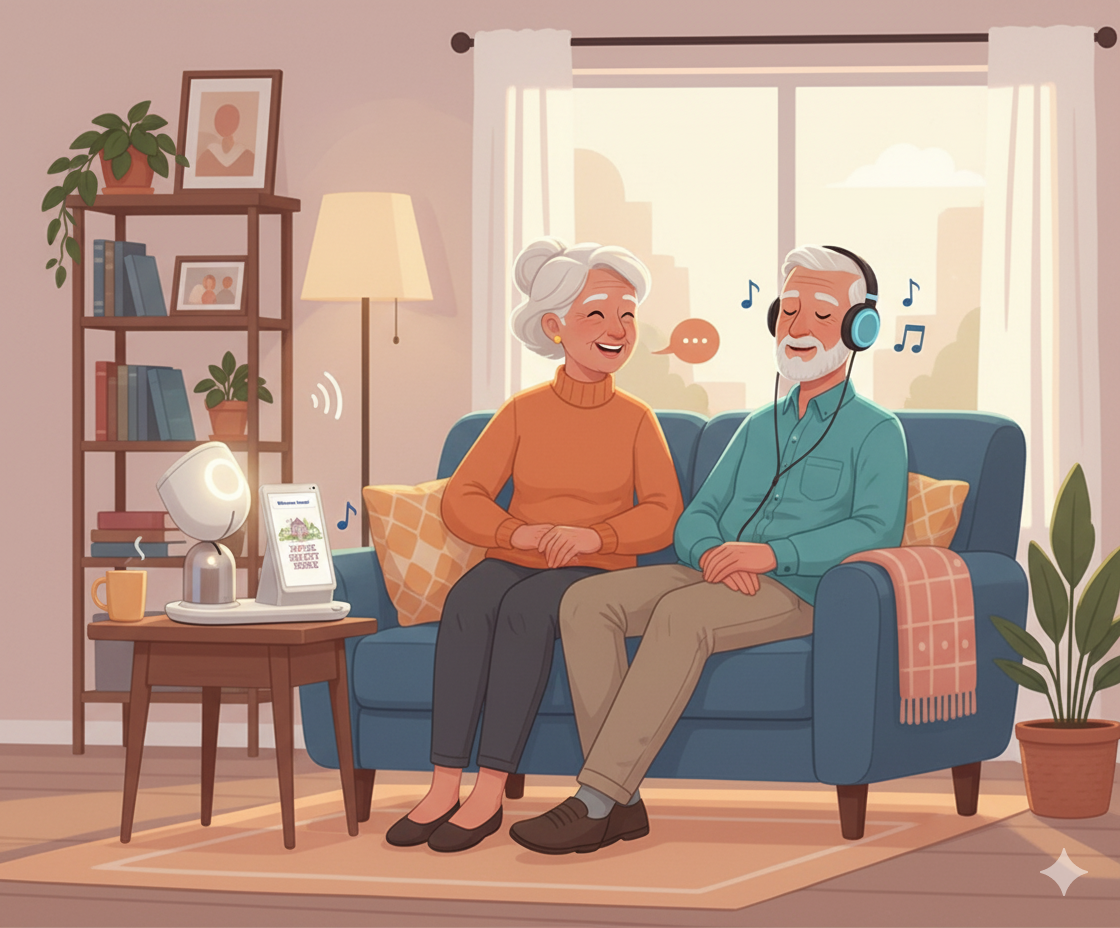 ElliQ for seniors - Happy seniors enjoying their ElliQ companion in a comfortable home setting