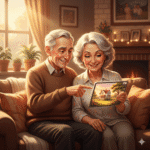 Happy senior couple enjoying AI-generated images on a tablet together