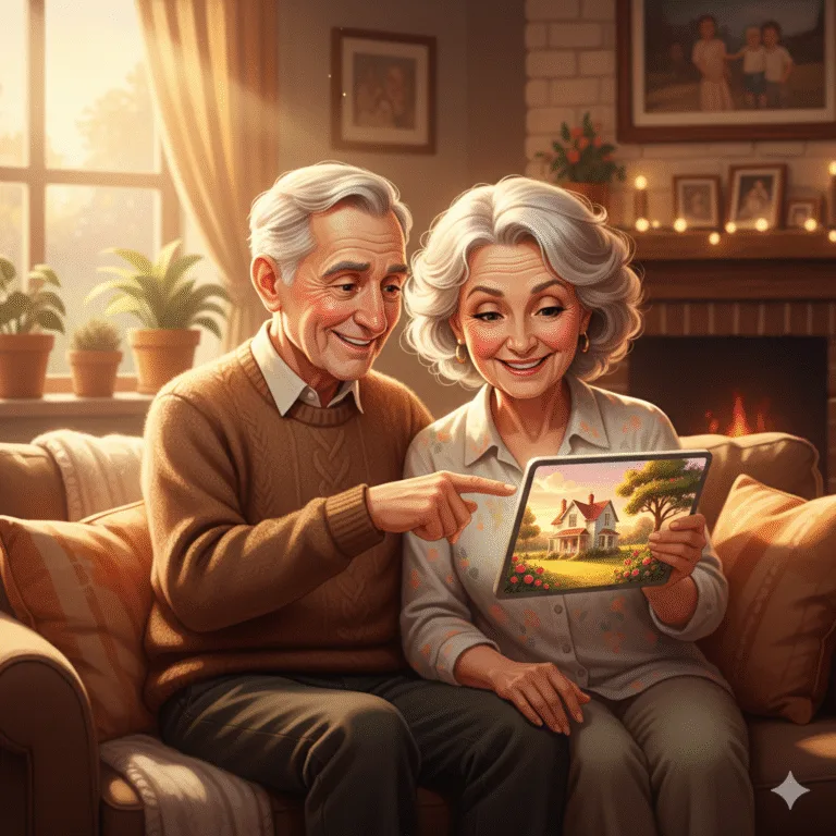 Happy senior couple enjoying AI-generated images on a tablet together