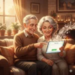 Happy senior couple enjoying music creation with Suno AI on a tablet in their comfortable home