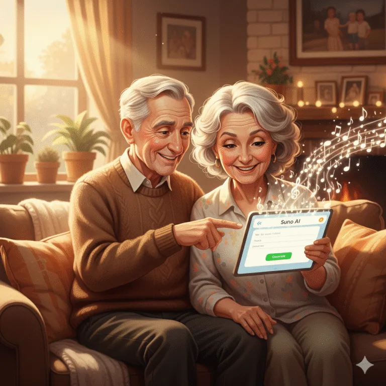 Happy senior couple enjoying music creation with Suno AI on a tablet in their comfortable home