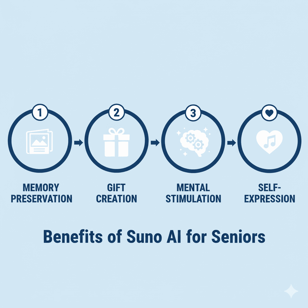 Four key benefits of Suno AI for senior users - memory preservation, gift creation, mental stimulation, and self-expression
