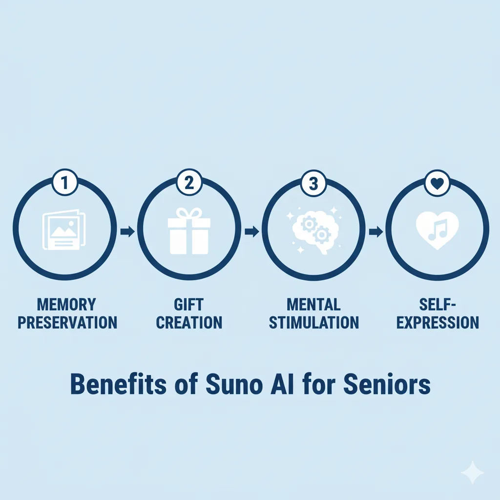 Four key benefits of Suno AI for senior users - memory preservation, gift creation, mental stimulation, and self-expression