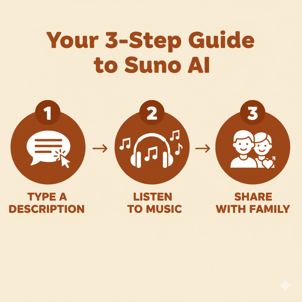 Three simple steps for seniors to create music with Suno AI - describe, listen, and share