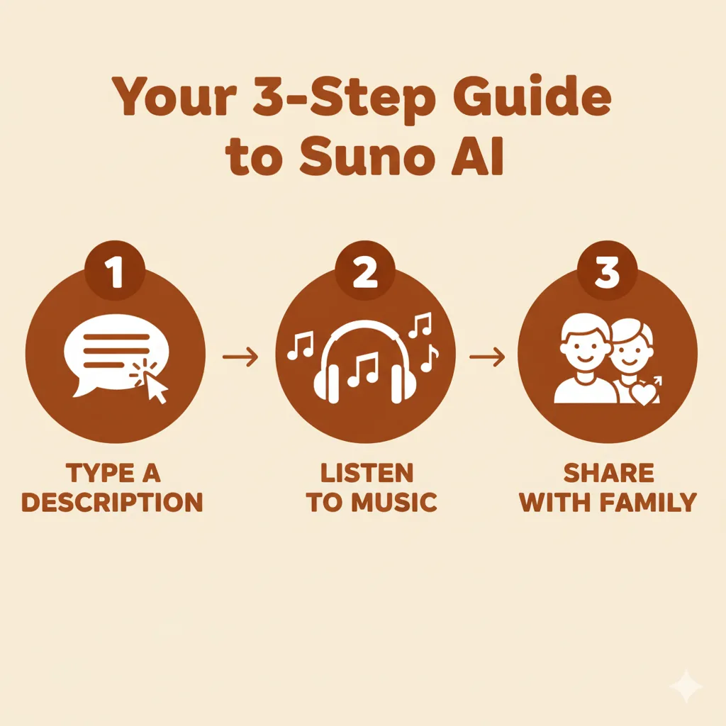 Three simple steps for seniors to create music with Suno AI - describe, listen, and share