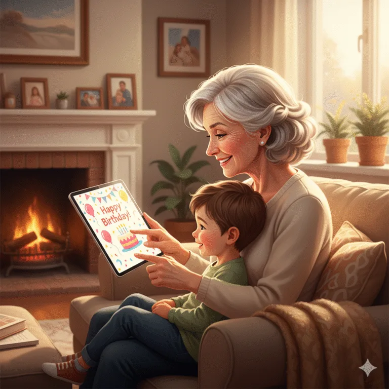 Happy senior person and grandchild enjoying digital creativity together with Lovart AI