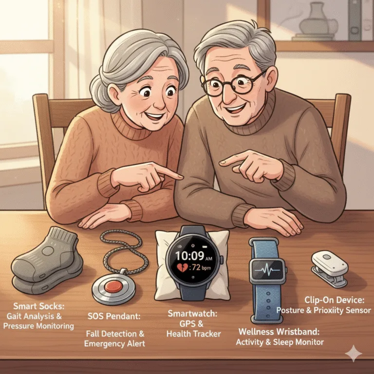 Five different AI wearable safety devices for seniors displayed together