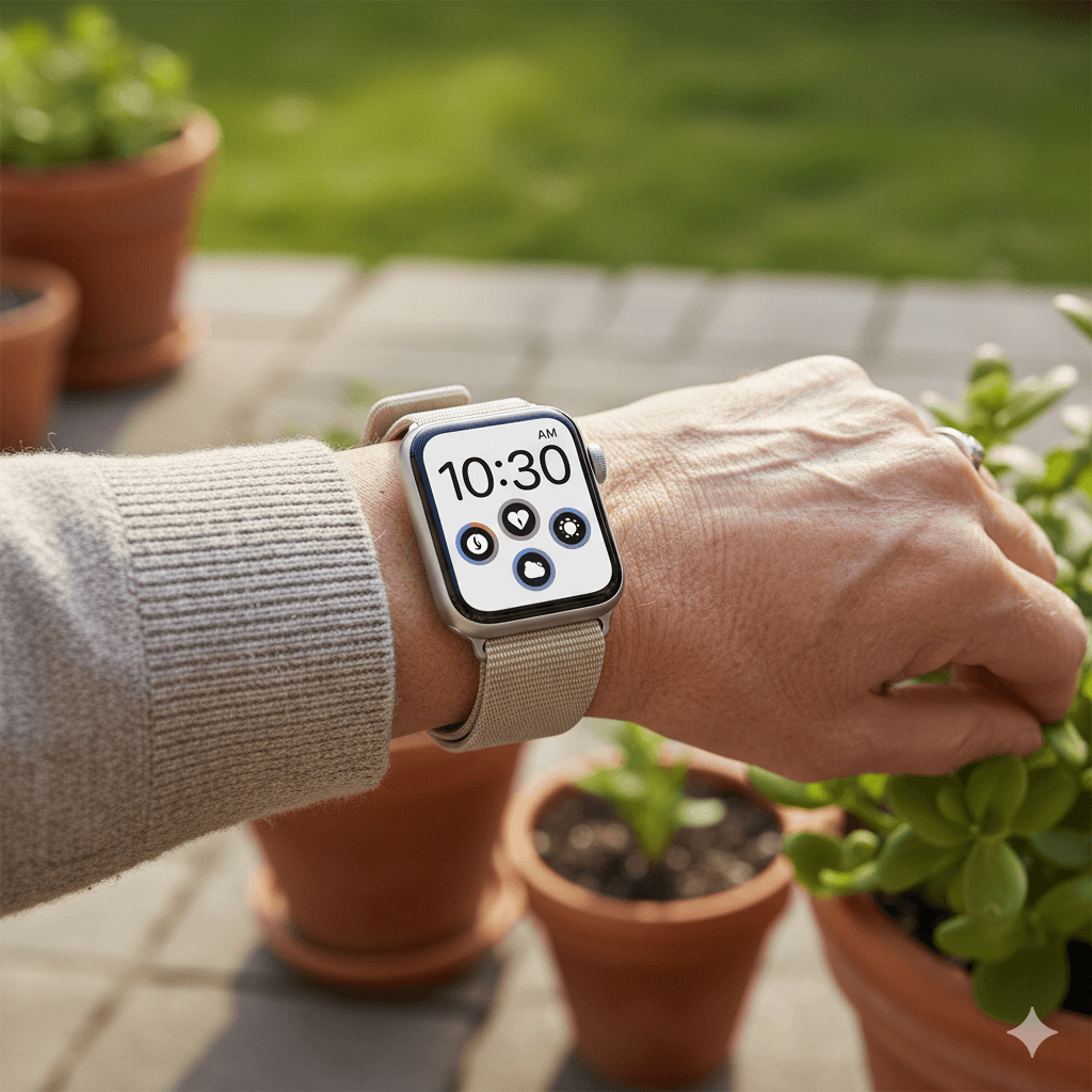 Senior person wearing Apple Watch for fall detection and health monitoring
