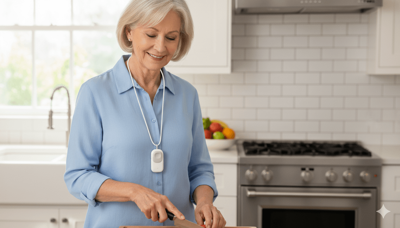 Senior wearing mobile medical alert pendant during daily activities