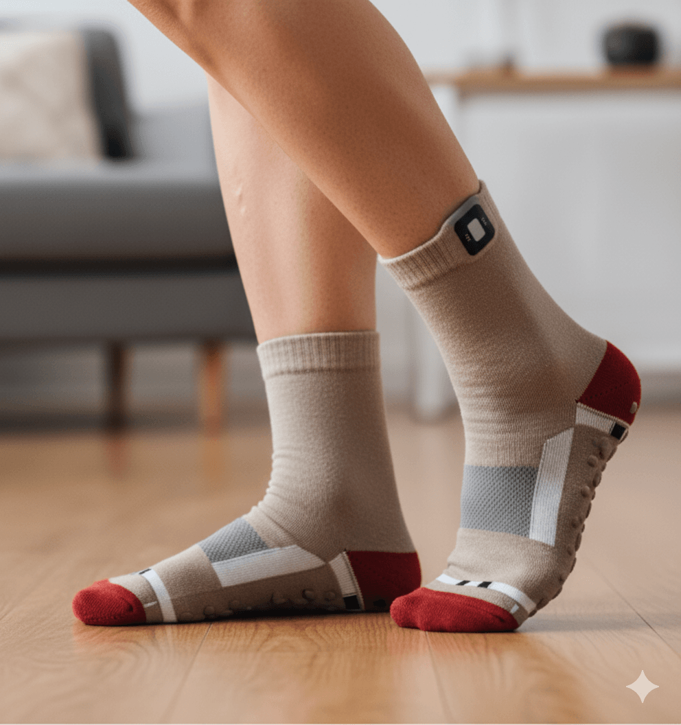 Senior wearing smart socks with fall prevention technology
