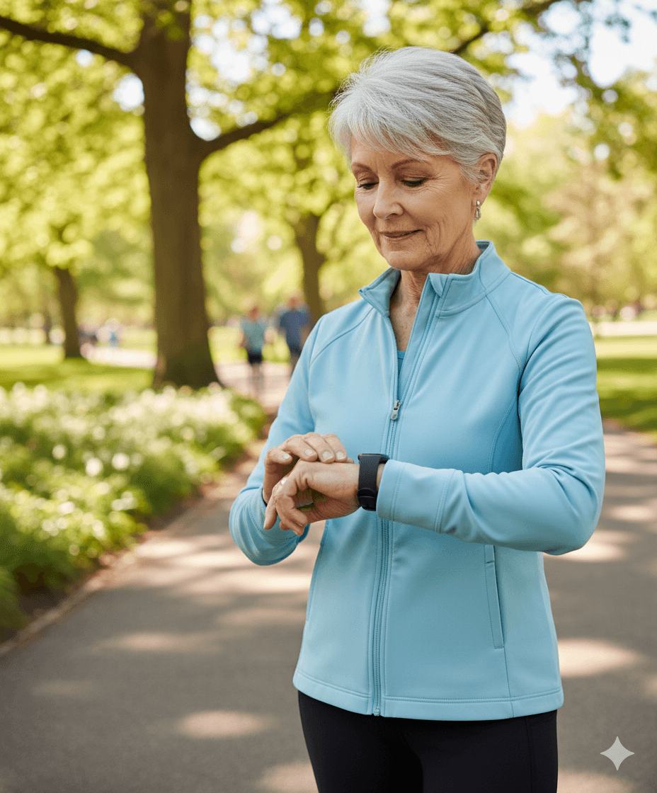 Senior using Fitbit for activity tracking and health monitoring outdoors