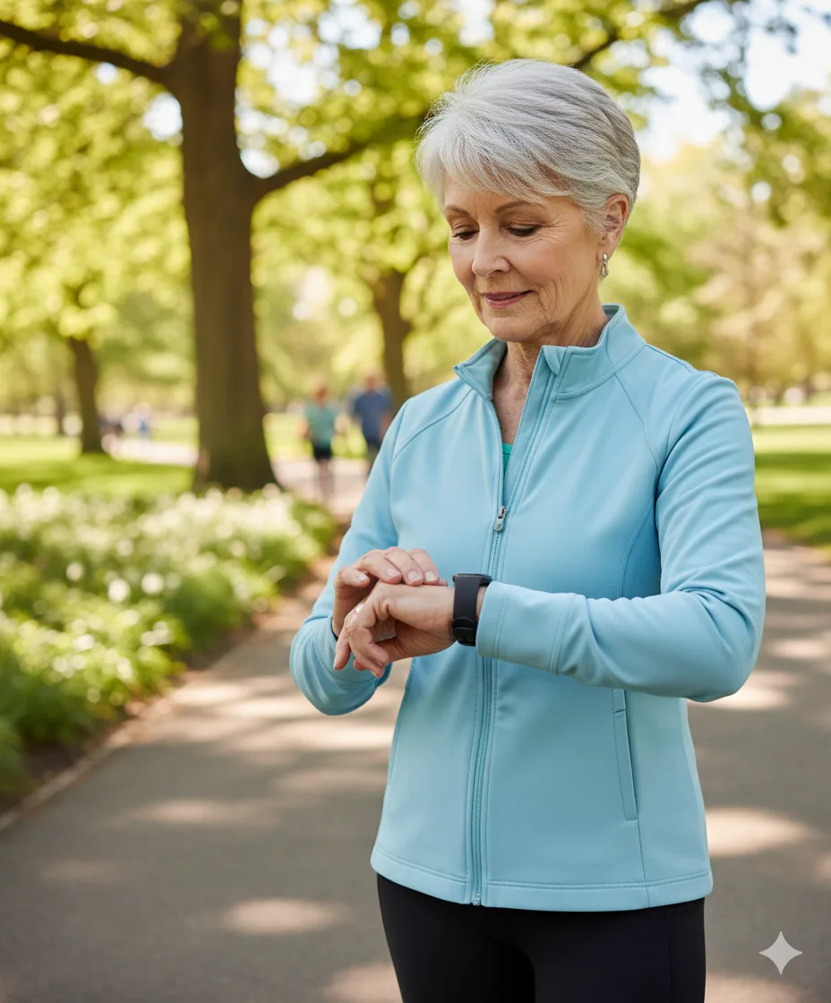 Senior using Fitbit for activity tracking and health monitoring outdoors