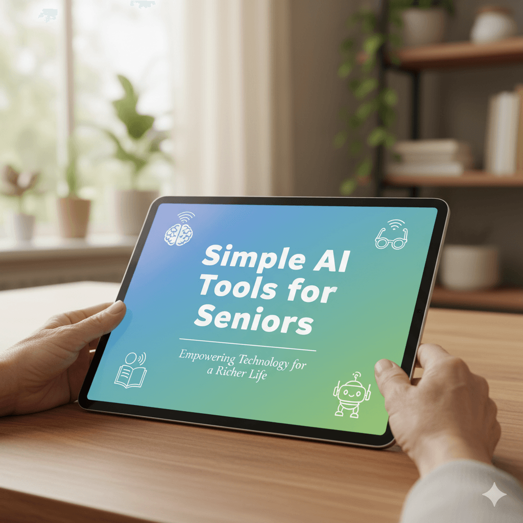 Digital guidebook for seniors on using AI, displayed on a tablet