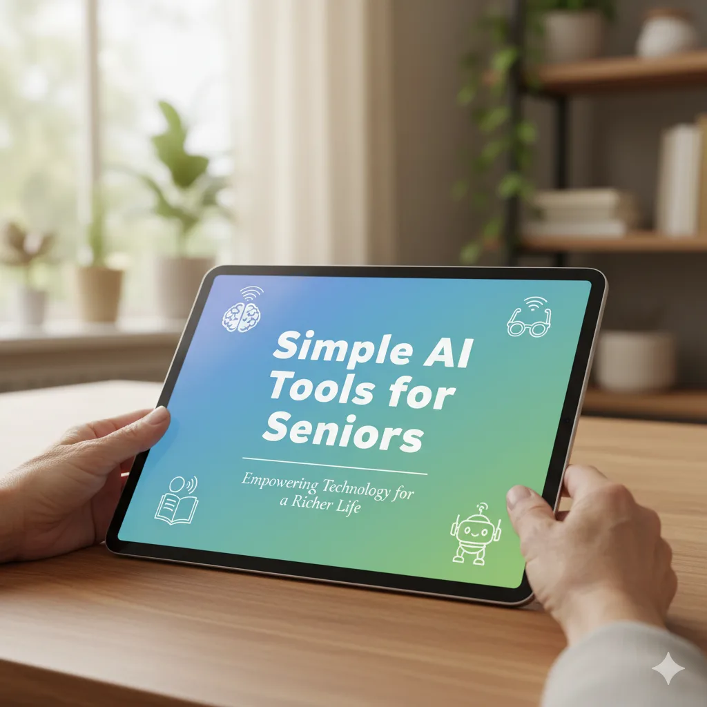 Digital guidebook for seniors on using AI, displayed on a tablet
