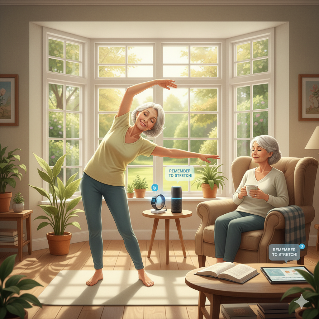 Senior using AI for health monitoring, exercise reminders, and wellness activities