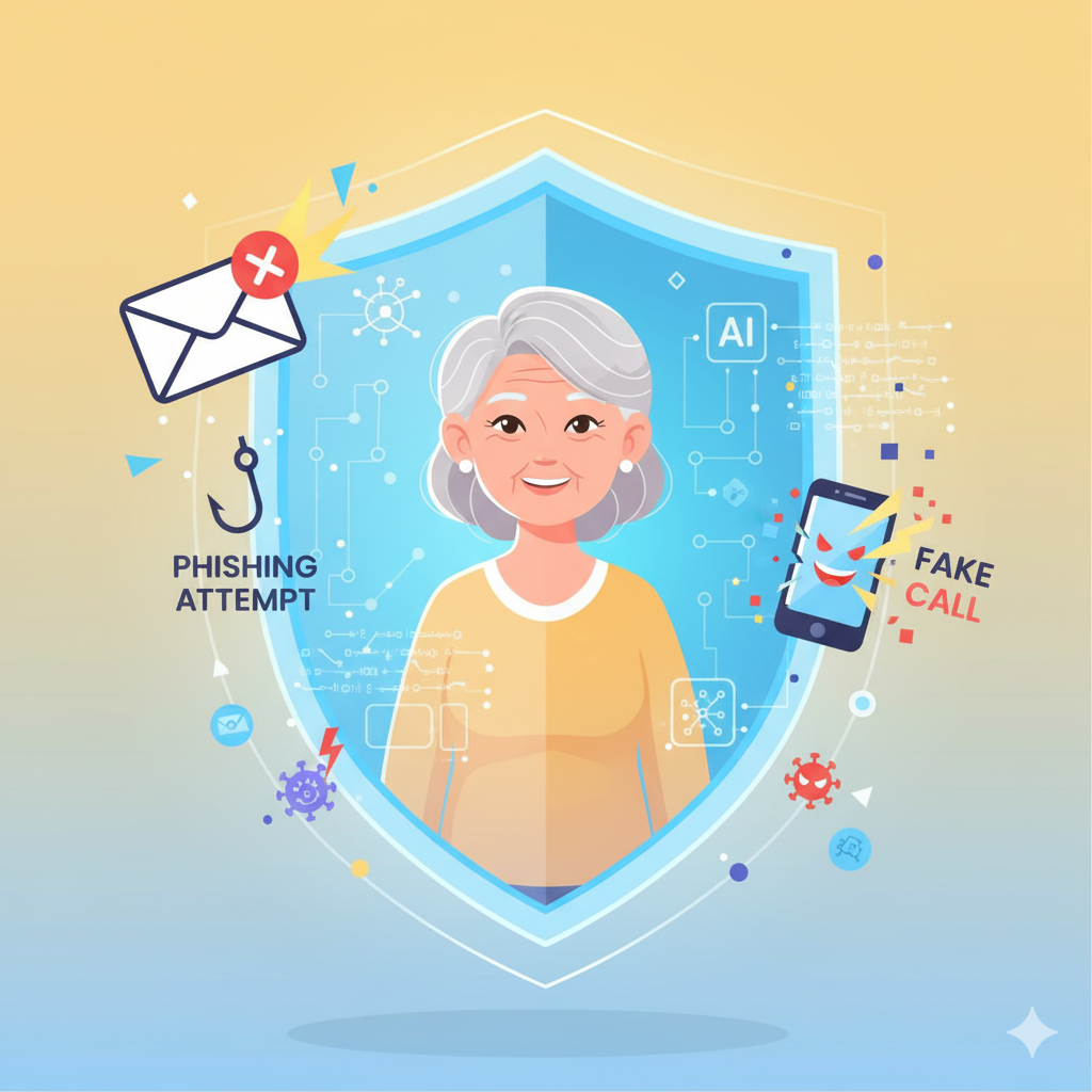 AI for seniors safety - digital protection shield blocking online threats for older adults