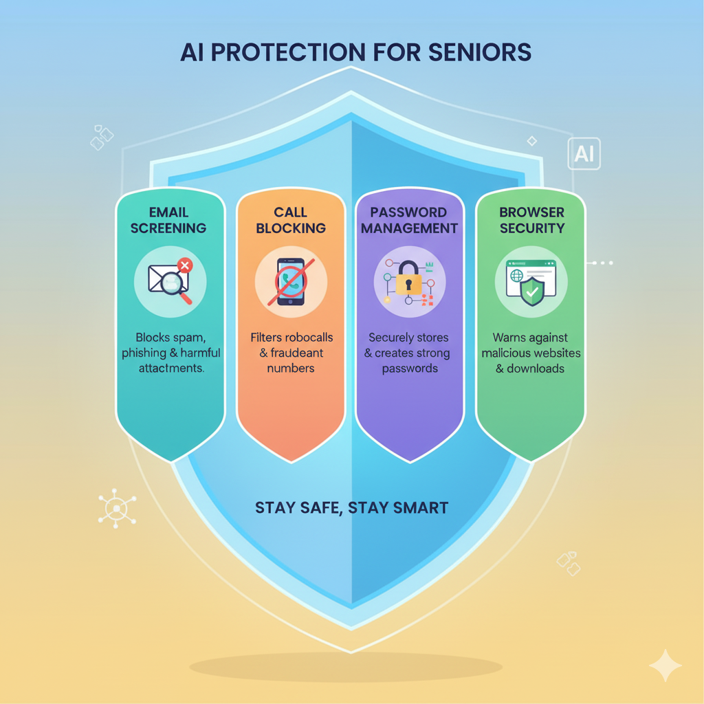 Four essential AI for seniors safety features protecting against online threats