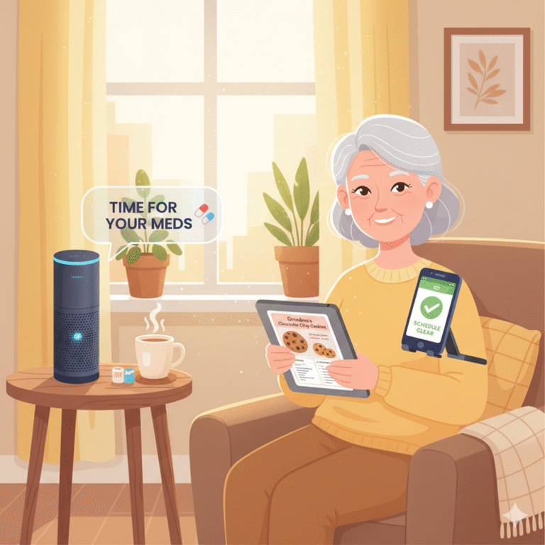 Senior using AI assistants for daily tasks like medication reminders, cooking, and schedule management