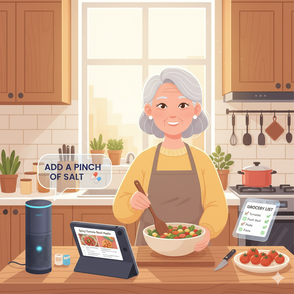 Senior using AI for meal planning and cooking assistance in the kitchen