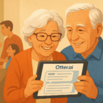 Happy seniors using Otter.ai voice recording app during family conversation