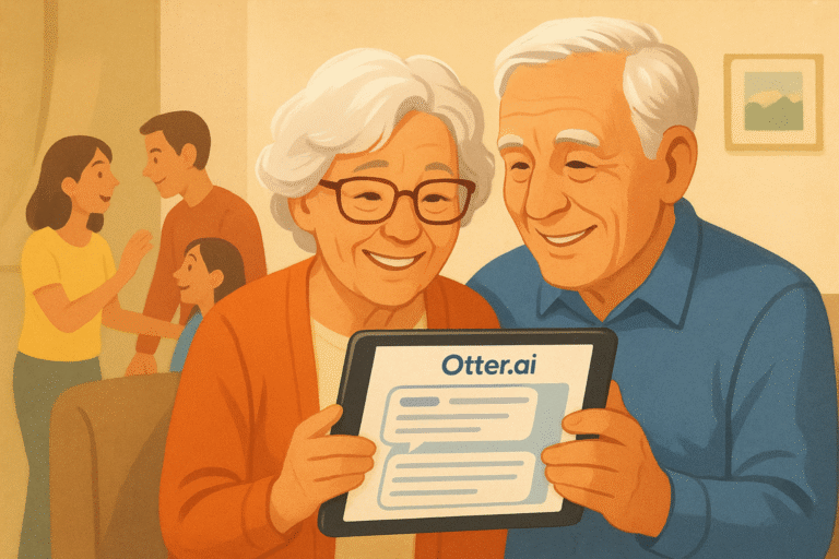 Happy seniors using Otter.ai voice recording app during family conversation