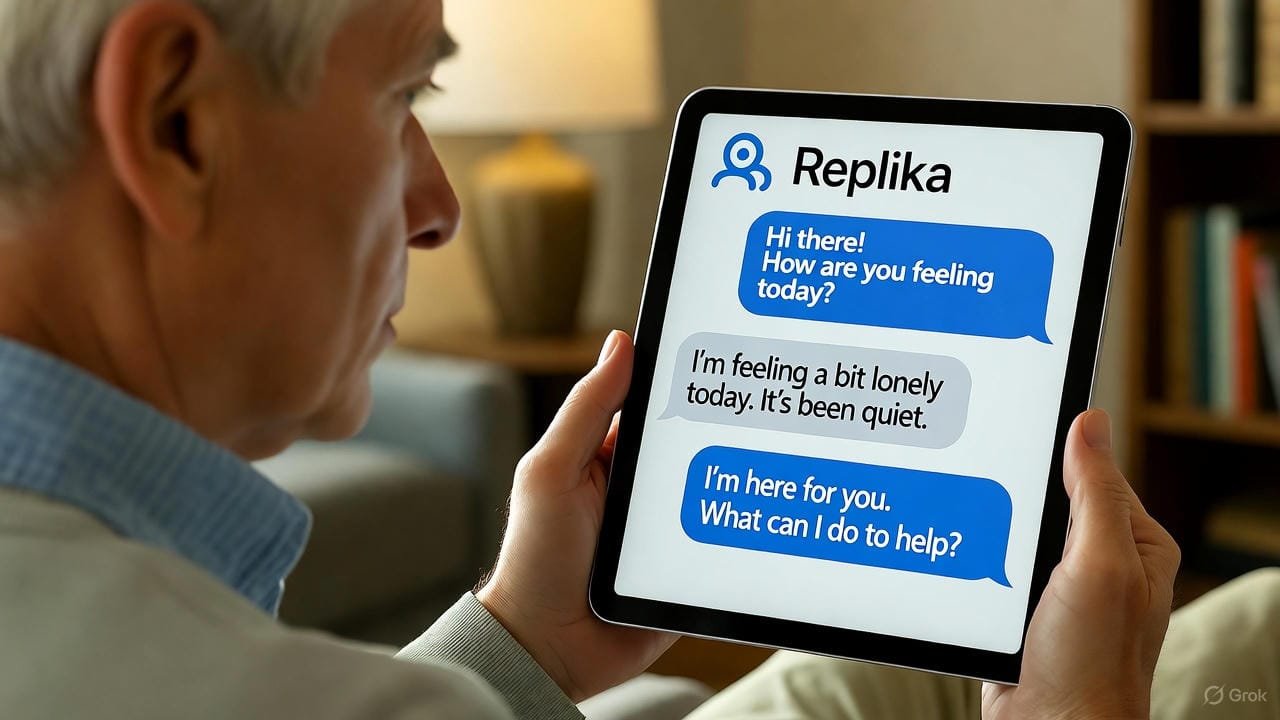 Senior having a meaningful text conversation with the Replika AI companion 