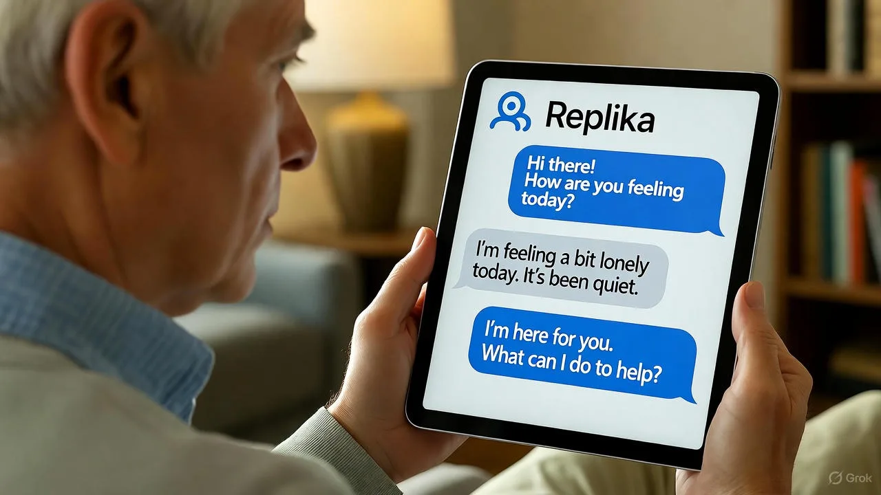 Senior having a meaningful text conversation with the Replika AI companion 