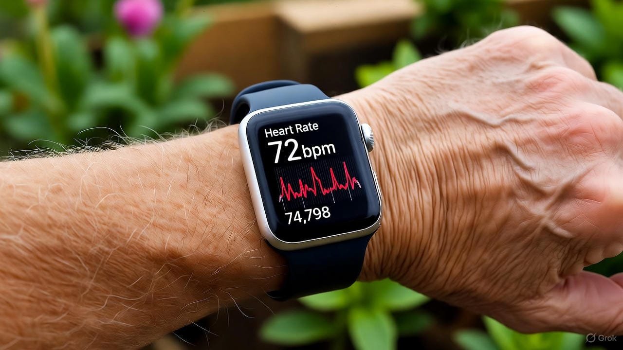 Senior wearing an Apple Watch while enjoying an outdoor activity