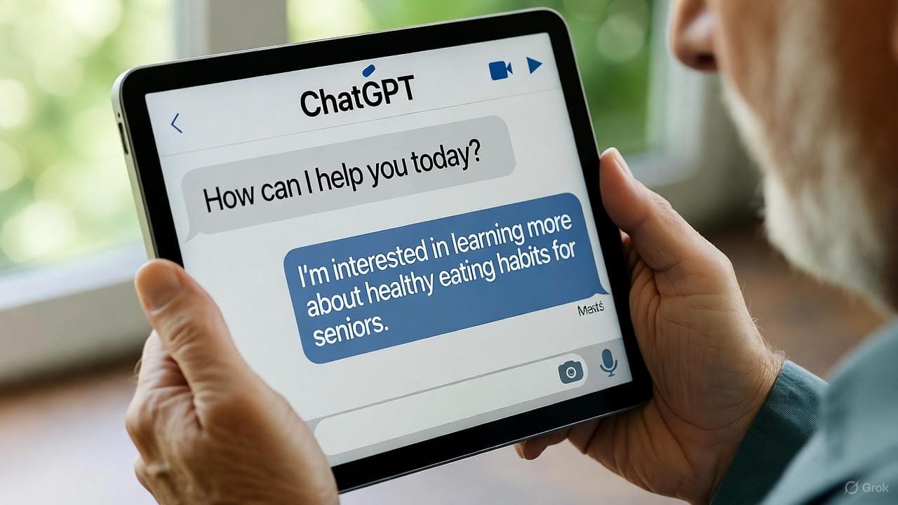 Senior enjoying a conversation with ChatGPT on a tablet